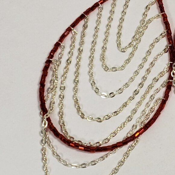 Women's Silver tone Dangling Chain - Red Beaded Big Hoop Fishhook Drop Earrings - Picture 3 of 6